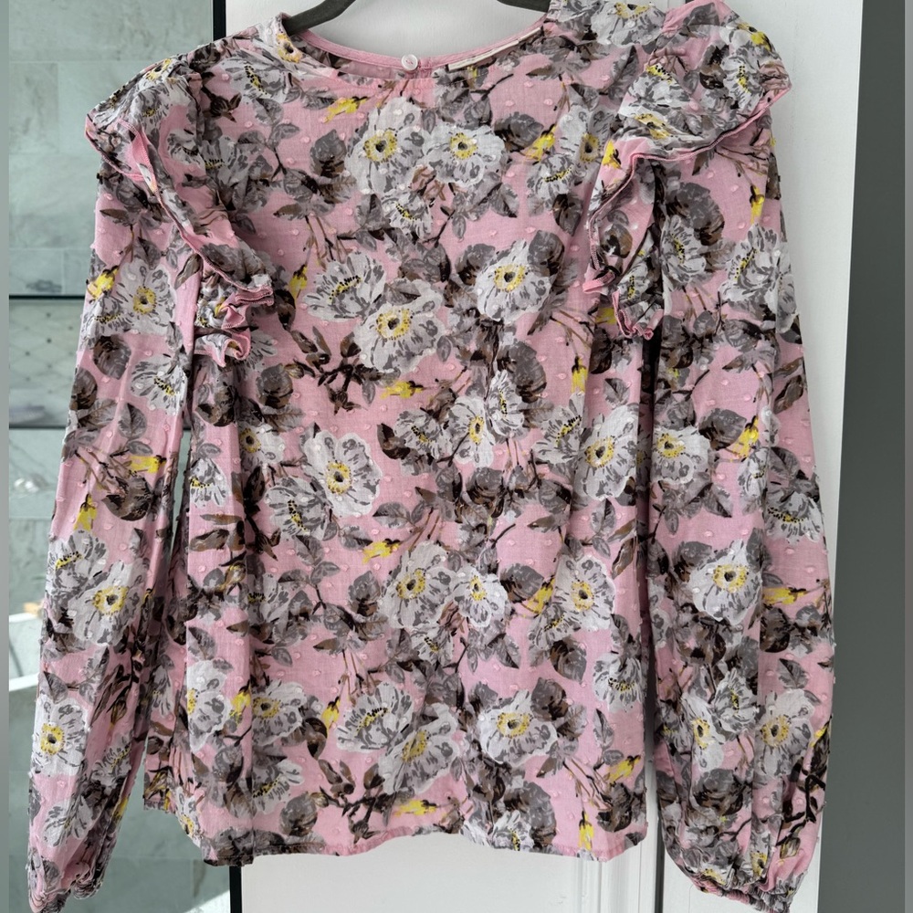 Pink Ruffled Long Sleeve Blouse with Bib Collar